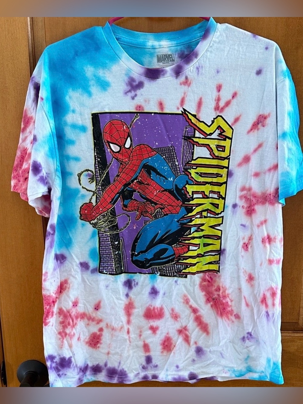 Marvel Spider-Man Spiral Tie Dye Graphic T-Shirt Blue Pink Purple Men Size L